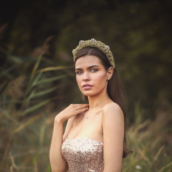 Gold lace  headband, crown,lace crown, Floral crown, wedding crown, elegant headband, lace headpiece
