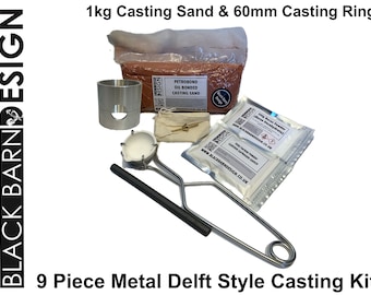 May include: A 9-piece metal Delft style casting kit. The kit includes casting sand, a casting ring, and other tools. The text on the image reads "1kg Casting Sand & 60mm Casting Ring" and "9 Piece Metal Delft Style Casting Kit."