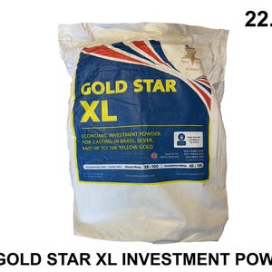 Pode incluir: Um grande saco branco de pó de investimento Gold Star XL, pesando 22,5 kg. O saco apresenta um design azul e vermelho com o texto "GOLD STAR XL" em amarelo. O texto "ECONOMIC INVESTMENT POWDER" também é visível.