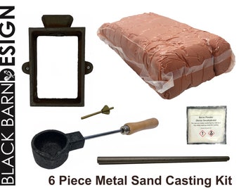 May include: A 6-piece metal sand casting kit. The kit includes a mold, a package of sand, a crucible, a stirring rod, a sprue pin, and a packet of borax powder. The kit is designed for metal casting projects.
