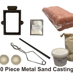 May include: A 10-piece metal sand casting kit. The kit includes a metal mold, borax powder, parting powder, a crucible, a crucible holder, a stirring rod, and a bag of sand. The kit is designed for metal casting projects.