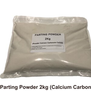 May include: A clear plastic bag filled with white parting powder, labeled "PARTING POWDER 2Kg (Powder Calcium Carbonate CaCO3)". The bag is sealed and ready for use. The text "BLACK BARN DESIGN" is on the left side.