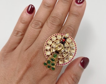 Designer peacock finger ring/ kundan finger ring/Jadau ring/ Indian jewelry/ Pakistani jewelry/ meenakari finger ring/ kundan ring