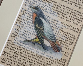 Image Transfer of a  Bird on vintage Book Page, Mixed Media