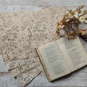 Puede incluir: Una pila de papel estampado vintage con un diseño floral marrón. El papel está colocado sobre una superficie de madera clara con un libro abierto y flores secas.