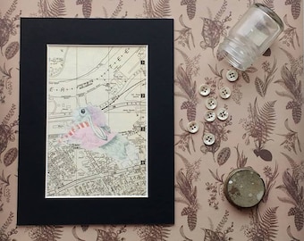 Image Transfer Rabbit  on  Street Map, Mixed Media, White Rabbit, Alice in Wonderland