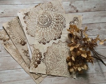 Confezione di carta tinta al caffè Doily Stampe A4. tinto a mano, scrapbook, diario spazzatura, modelli, rilegatura di libri, carta macchiata, carta dall'aspetto invecchiato