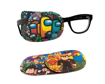 May include: Two pairs of colorful eye patches with different cartoon characters. One pair features characters from the video game Among Us, the other pair features characters from the online game Roblox.