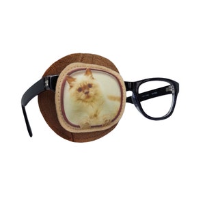 Puede incluir: Un parche para el ojo marrón con una imagen de un gato blanco dentro de un marco marrón. El parche para el ojo está unido a un par de gafas con montura negra.