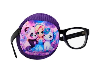 May include: A purple eye patch with a colorful graphic of a panda, a girl, and a unicorn. The eye patch is attached to a pair of black eyeglasses.