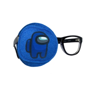 May include: A blue eye patch featuring an Among Us character, attached to a pair of black framed glasses.
