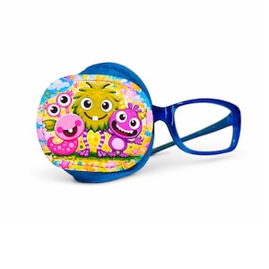 May include: Blue eyeglasses with a blue eye patch featuring a colorful cartoon monster design. The eye patch has a yellow, pink, and green background with three friendly monsters. The glasses have a rectangular frame.
