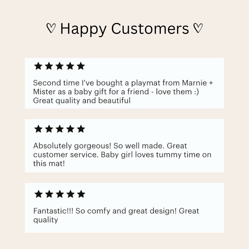 May include: Three customer reviews with five star ratings for a playmat. The reviews highlight the quality, comfort, and design of the playmat. The first review states "Second time I've bought a playmat from Marnie + Mister as a baby gift for a friend - love them :) Great quality and beautiful". The second review states "Absolutely gorgeous! So well made. Great customer service. Baby girl loves tummy time on this mat!" The third review states "Fantastic!!! So comfy and great design! Great quality".