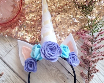 Purple Unicorn Horn Headband w Unicorn Ears Flower Crown for Kids or Adults