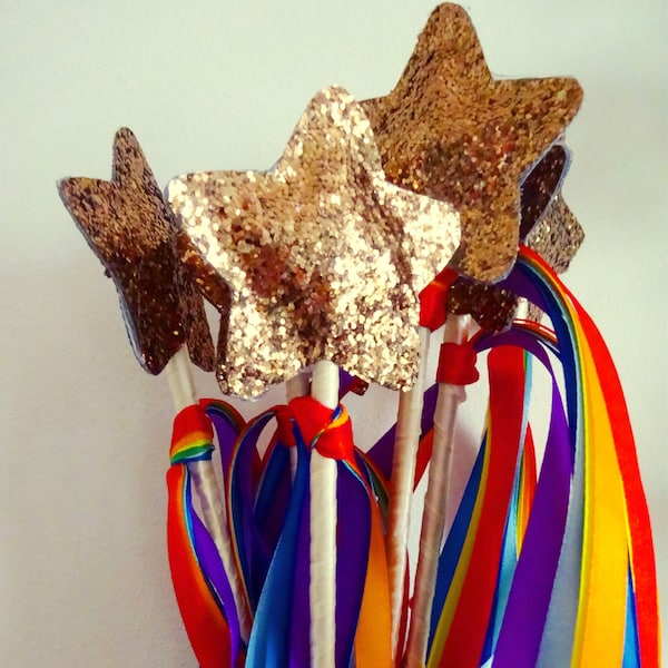 Rainbow Ribbon Wand - Gold Star Wand for kids boys and girls - Fairy Wand with Ribbons