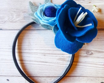 Blue Felt Flower Soft Nylon Headbands or Hair Bobbles Flower Crown or Flower Hair Clips