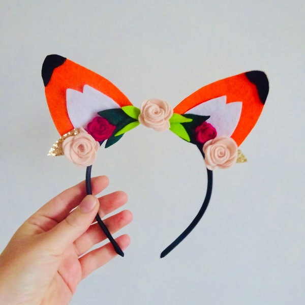 Fox Ears Headband - Fox Crown w Flowers and Ears - Animal Costume Accessories - World Book Day