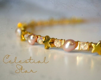 Celestial Headband Bridal Wedding Headband w Stars - Pink Pearl Gold Crystal Headband Metal - Pearl and Star Headband