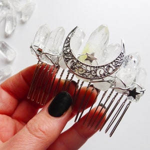 Crystal Moon Comb Celestial Crown - Clear Quartz Decorative Hair Jewellery -  Witchy Viking Wedding Silver Star Hair Clips