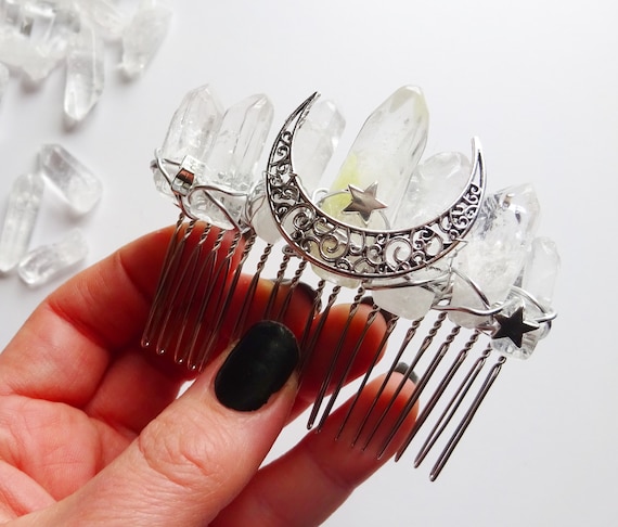 Citrine and Quartz - Handmade Moon and Star Rose Gold Hair Piece Crystal Moon Hair Clip, Gift for Her, Boho Quartz Pin  main image 3