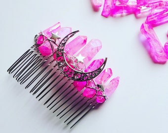 Pink Crystal Moon Comb - Celestial Crown - Clear Quartz Decorative Hair Jewellery - Witchy Viking Wedding Silver Star Hair Clips