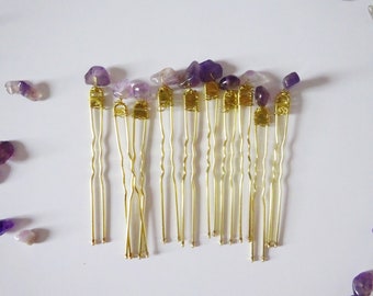 Amethyst Crystal Hair Pins for Crystal Lovers and February Birthstone, Purple Crown Chakra Amethyst Hair Slides