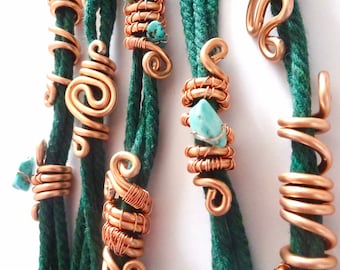 Bronze hair beads with Turquoise Crystals - Viking Hair Cuffs - Celtic Hair Beads Dread Lock Wraps - Bronze Hair Jewellery with Turquoise