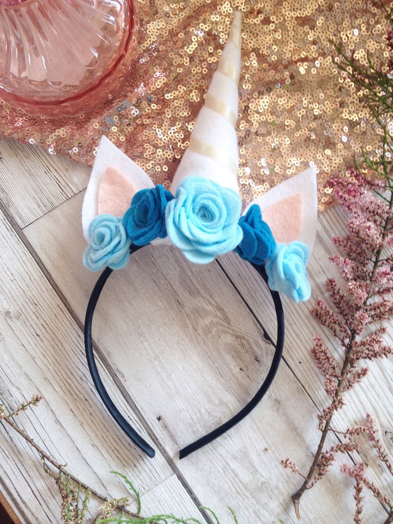 UNICORN HORN HEADBAND Unicorn Headpiece Felt Flower Crown Childrens Gift Unicorn Costume Blue Headband