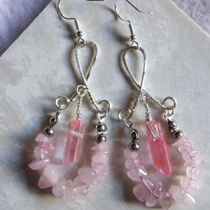 Raw crystal Rose Quartz Earrings Silver - Long hippy Earrings - Dangle Crystal Earrings - Rose Quartz Earrings