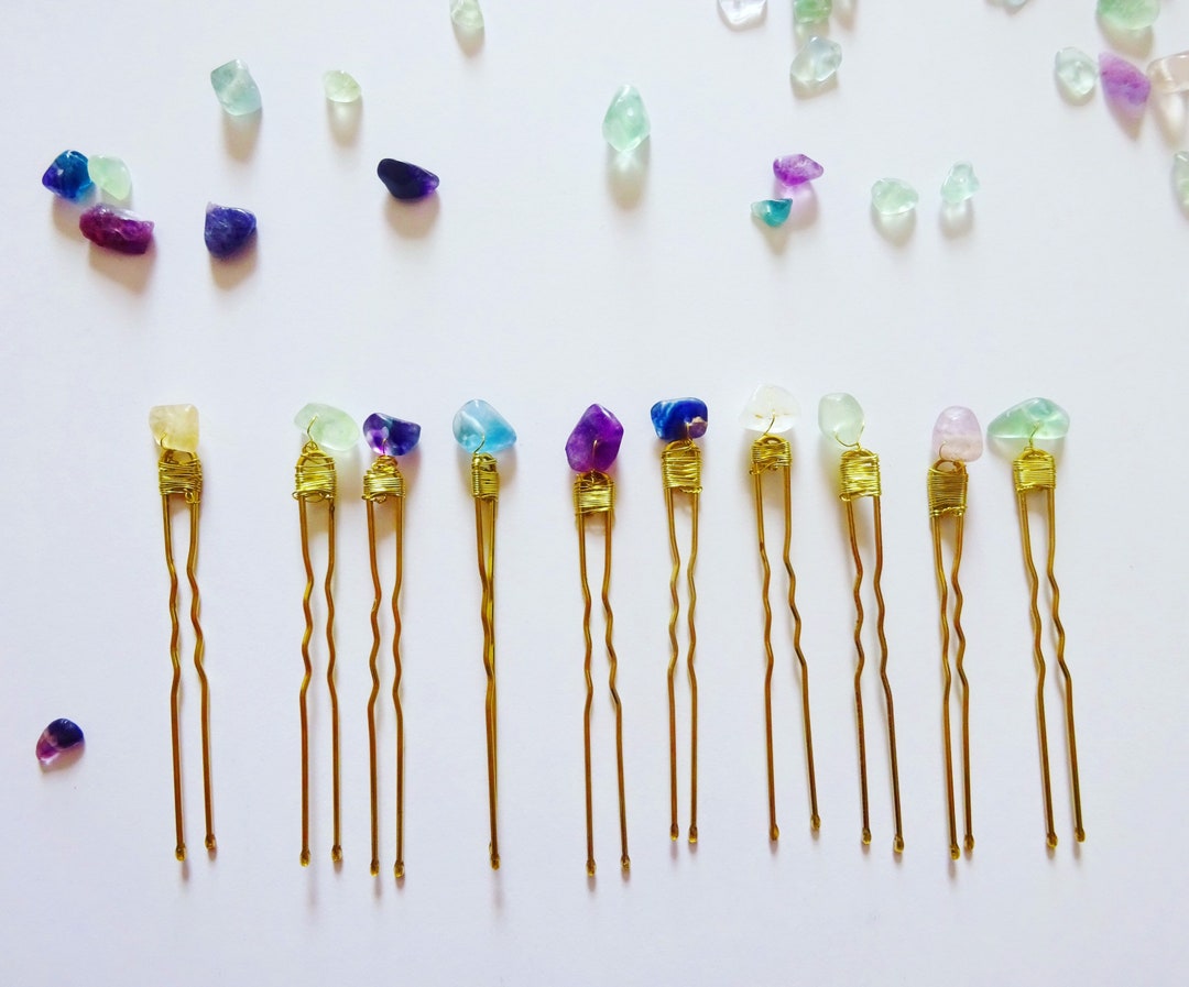 Rainbow Fluorite U Shaped Pins Hair Clips Crystal Jewellery, Witchy Hair Sides With Crystal