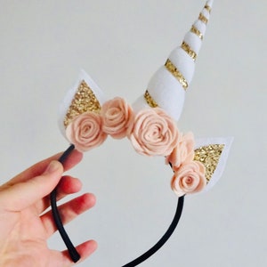 UNICORN HORN HEADBAND Unicorn Headpiece Felt Flower Crown Childrens Gift Unicorn Costume Gold and Pink