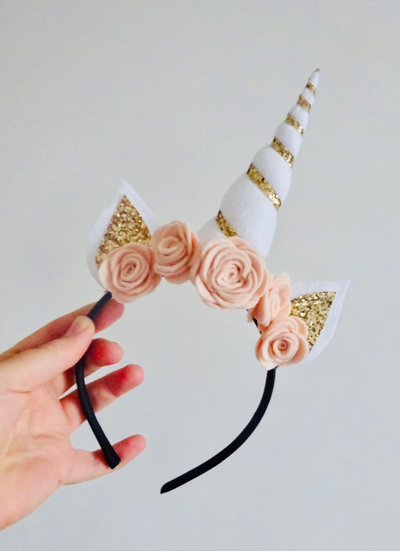 UNICORN HORN HEADBAND Unicorn Headpiece Felt Flower Crown Childrens Gift Unicorn Costume Gold and Pink