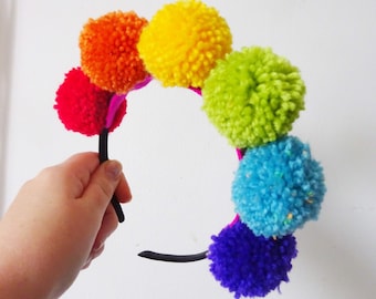 Rainbow pompom Headband - Statement Festival Party Crown with rainbow pom-poms - Festival Headpiece - Pride outfit