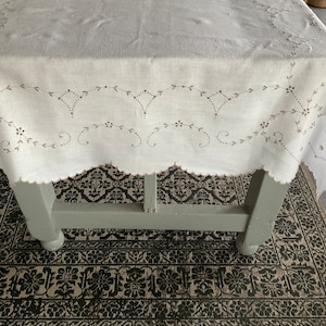 Vintage Cream Linen Hand Embroidered Tablecloth, 125 cms Square