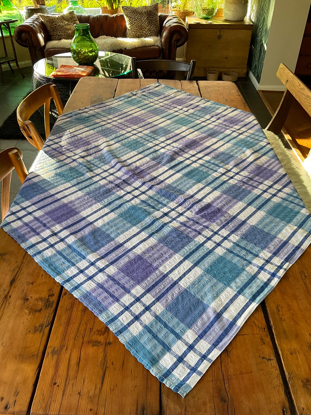 Cotton Seersucker Checked Tablecloth, 120 Cms Square Etsy UK