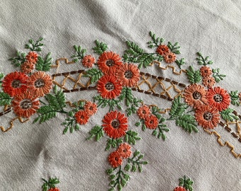 Vintage Handmade Linen and Lace Tablecloth, Hand Embroidered, 150 x 140 cms