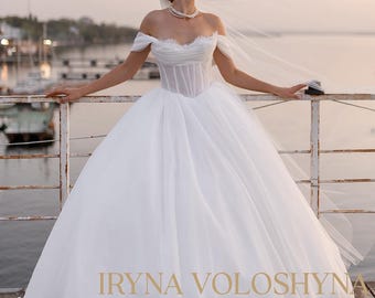 Robe de mariée de luxe à épaules dénudées Robe de mariée à manches en dentelle Robe de mariée romantique A-ligne Robe de mariée élégante en tulle Robe de mariée corset