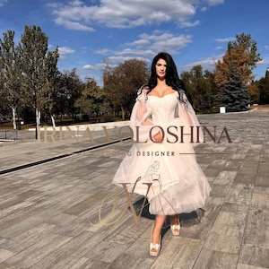 Tea length wedding dress Bridal shower dress Short wedding dress Midi wedding dress Modest wedding dress Long sleeve wedding dress