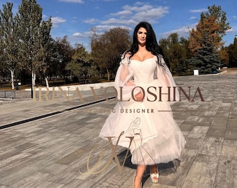 Vestido de novia a la rodilla Vestido para la despedida de soltera Vestido de novia corto Vestido de novia midi Vestido de novia recatado Vestido de novia de manga larga