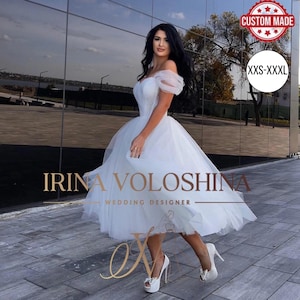 Tea length wedding dress Off the shoulder wedding dress Short wedding dress Modest wedding dress Wedding ball gown Sparkly wedding dress
