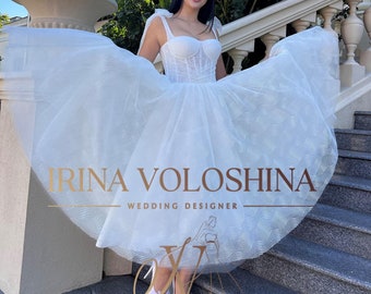 Elopement wedding dress Tea length wedding dress Tulle wedding dress Short wedding dress Corset wedding dress Midi wedding dress