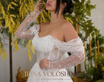 Robe de mariée fée Robe de mariée corset Robe de mariée avec manches Robe de mariée épaules nues Robe de mariée scintillante Robe scintillante
