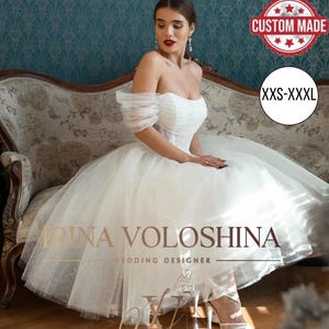 Reception dress Elopement dress Tea length wedding dress Tulle wedding dress Bridal dress Short wedding dress Off the shoulder wedding dress