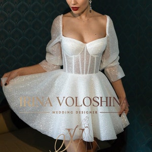 Short wedding dress  Elopement wedding dress Corset wedding dress Sleeves wedding dress Wedding in Vegas Sparkling wedding dress Tulle dress