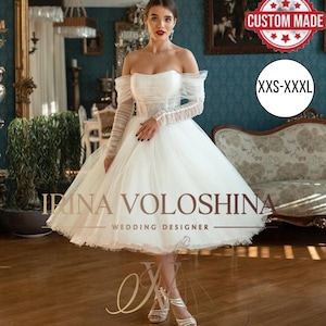 Elopement dress Tea length wedding dress Tulle wedding dress Rehearsal dress Short wedding dress Glitter wedding dress Sleeves wedding dress