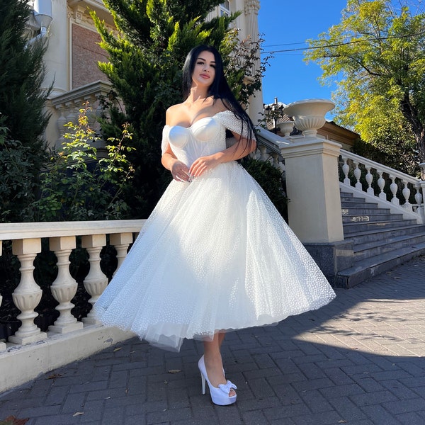 Tea length wedding dress Elopement dress Short wedding dress Midi wedding dress Minimalist wedding dress Off the shoulder wedding dress