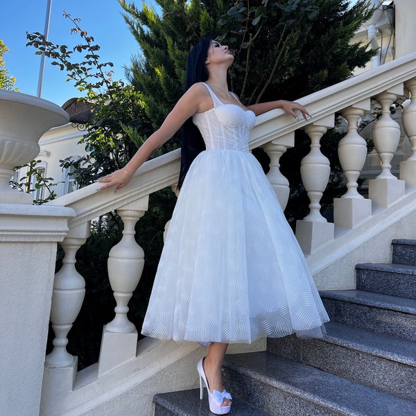 Short wedding dress Corset wedding dress Tea length wedding dress  Elopement wedding dress Tulle wedding dress Midi wedding dress