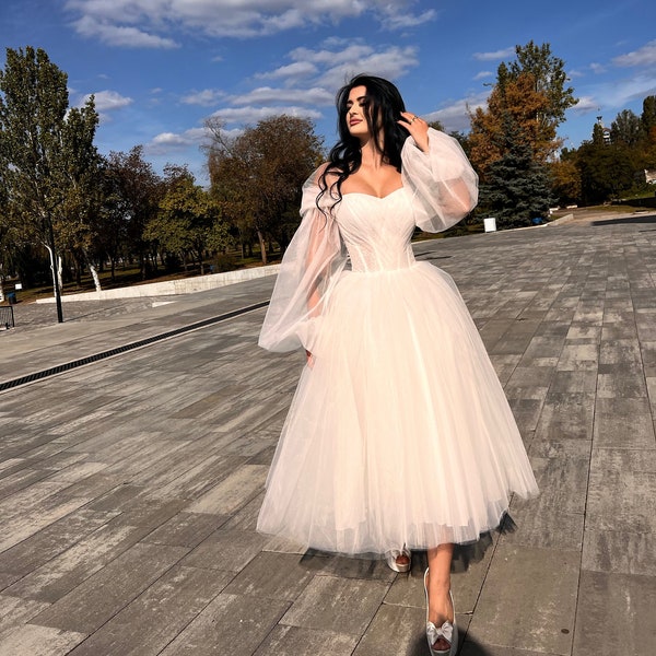 Tea length wedding dress Off the shoulder wedding dress Short wedding dress Long sleeve wedding dress Detachable sleeves wedding dress