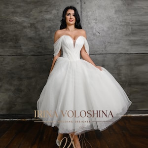 Corset wedding dress Short wedding dress Tea length wedding dress Off the shoulder wedding dress Modest wedding dress Custom wedding dress