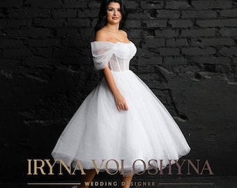 Elopement dress Tea length wedding dress Reception dress Short wedding dress Off the shoulder wedding dress Corset wedding dress Midi dress